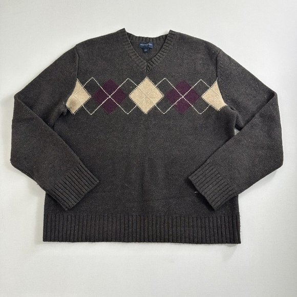 Banana Republic Sweater Men’s Size Large 100% Lambs Wool Brown V Neck‎ Preppy - Picture 1 of 8